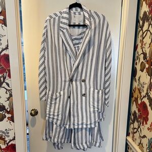 Pilcro White Blazer with Navy Vertical Stripes from Anthropologie